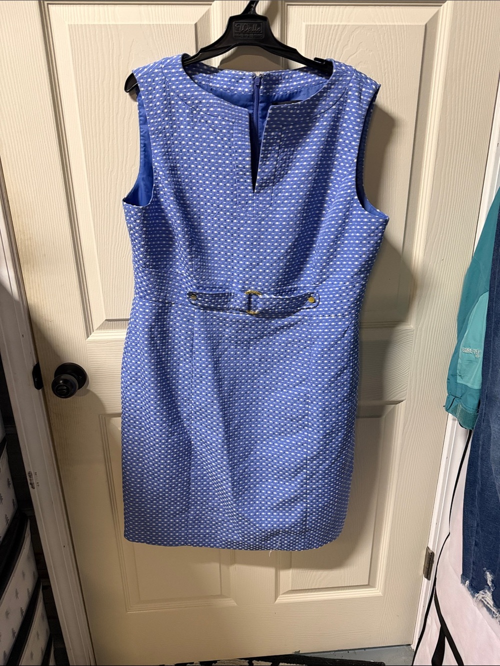 Sleeveless Blue Textured Sheath Dress with Belt Detail